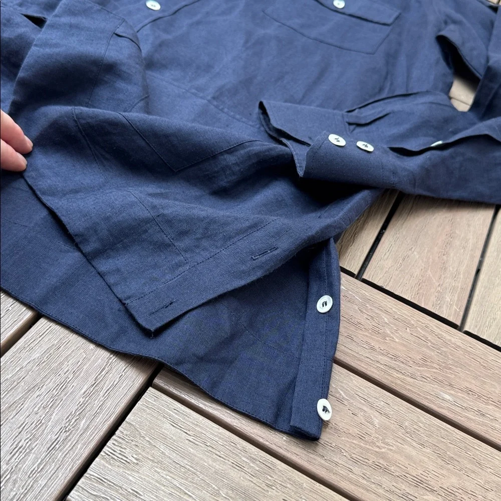 Πετράτος (Petratos) navy blue linen safari shirt button-epaulets patch pockets - Picture 3 of 5